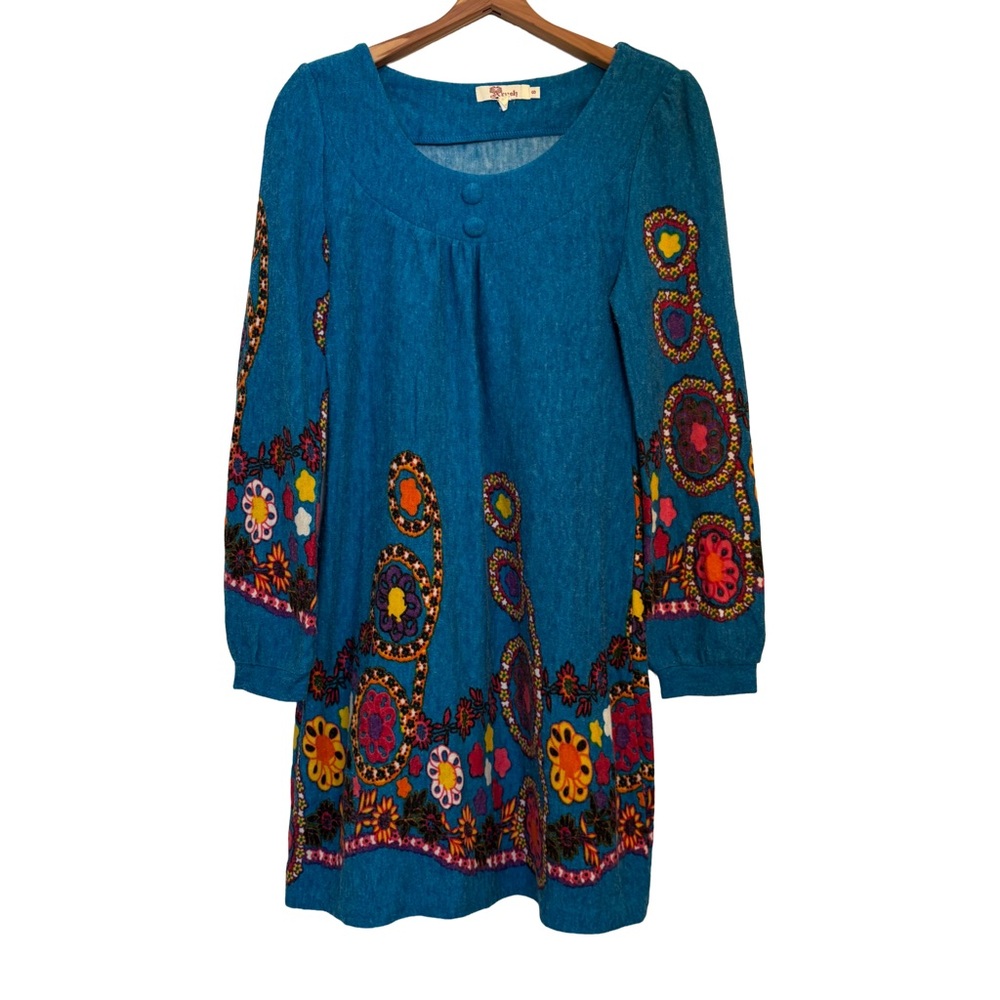 Aryeh Boho Tunic Dress Small – Embroidered Floral – 34” Length